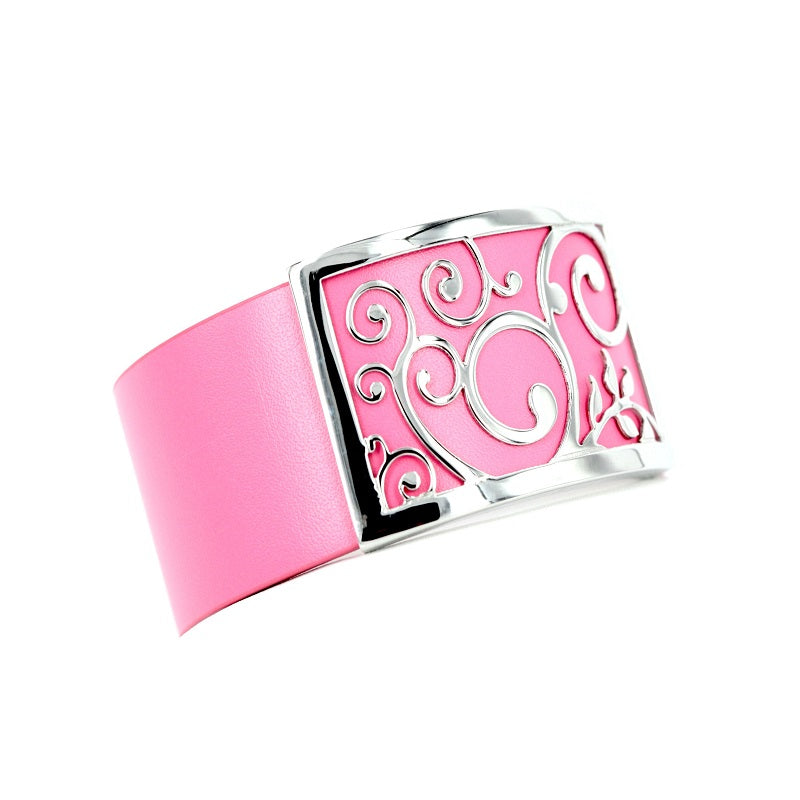 Floral Stainless Steel Pink Leather Bracelet